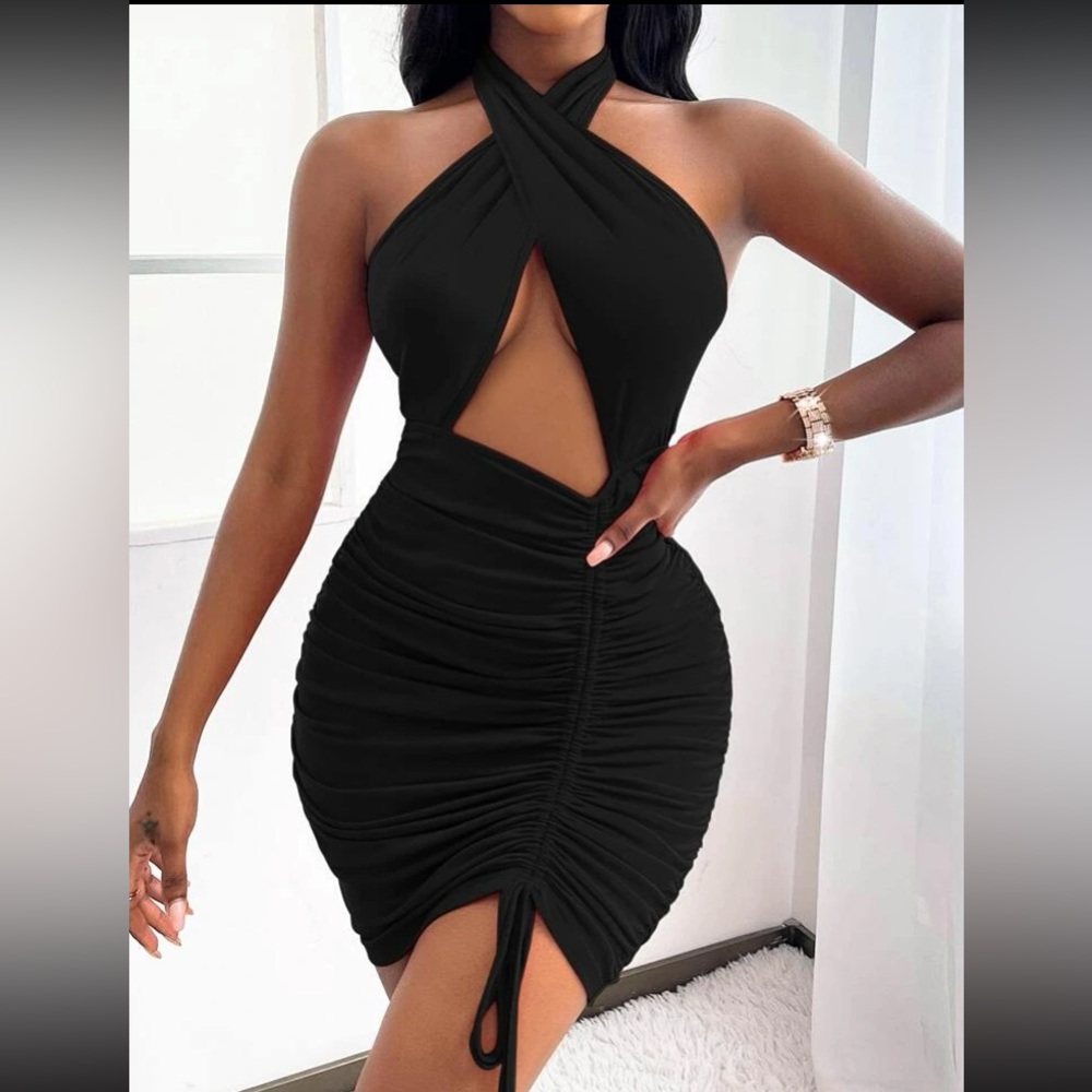 Black Halter Cut Out Ruched Bodycon Drawstring Dress